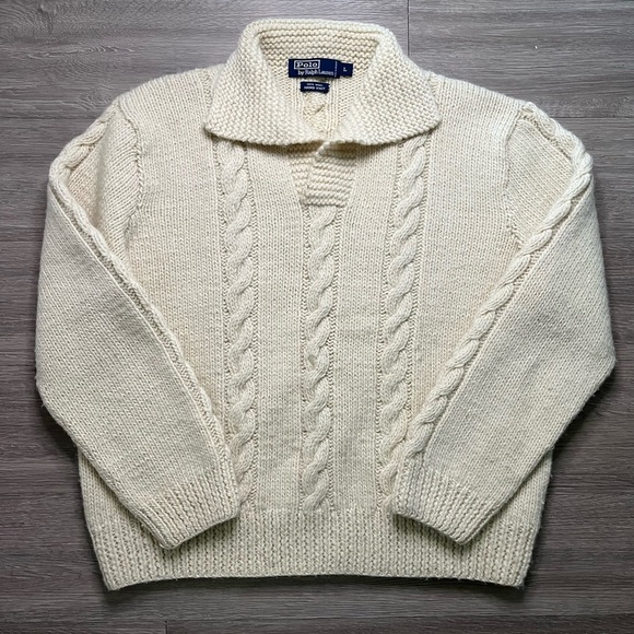 100% wool,Polo Ralph Lauren Men’s Hand Knit Cable Sweater size L, Cream, vintage - Picture 1 of 10